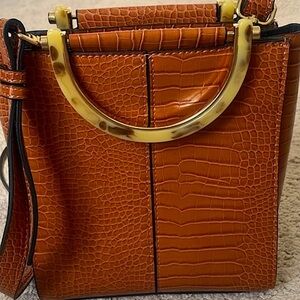 Top Shop Croc-Embossed Faux Leather Contemporary Preppy Cognac Handbag